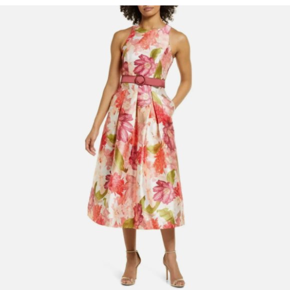 KAY UNGER CORAL LEAF LIBERTY FLORAL BROCADE BELTED MIDI DRESS sz 0 - Picture 2 of 4